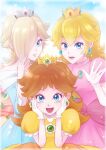  1girl 3girls blonde_hair blue_eyes blush breasts brown_hair crown dress earrings flipped_hair flower_earrings gloves jewelry long_hair looking_at_viewer multiple_girls open_mouth princess_daisy princess_peach rosalina sagara_shino short_sleeves smile super_mario_bros. white_gloves 