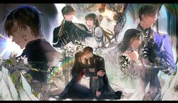  1boy 1girl absurdres arm_strap black_coat black_footwear black_gloves black_pants black_shirt brown_eyes brown_hair character_name chinese_clothes choker closed_mouth coat couple cowboy_shot detached_sleeves dress expressionless eyelashes flower full_body gloves hair_ornament hand_on_own_arm happy highres ikag jasmine_(flower) kneeling lapels light long_hair long_sleeves looking_at_another love_and_deepspace low-tied_long_hair multiple_views notched_lapels pants parted_bangs parted_lips protagonist_(love_and_deepspace) purple_coat red_shirt shirt short_hair sidelocks smile sweater upper_body white_choker white_dress white_flower white_gloves white_sweater zayne_(love_and_deepspace) 