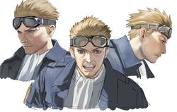  1boy ascot blonde_hair blue_eyes blue_jacket cid_highwind closed_mouth decoponmagi facial_hair final_fantasy final_fantasy_vii final_fantasy_vii_rebirth final_fantasy_vii_remake goggles goggles_on_head hair_slicked_back highres jacket light_smile male_focus multiple_views open_mouth profile short_hair sideburns smile solo stubble upper_body white_ascot white_background 