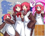  2girls ? apron blue_eyes blush_stickers closed_eyes dress expressionless grin highres hisui_(tsukihime) kohaku_(tsukihime) maid maid_apron maid_headdress multiple_girls multiple_views one_eye_closed orange_eyes pointing pointing_at_viewer redhead short_hair smile spdcooler spoken_question_mark tsukihime v window 