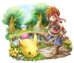  1boy boots bridge brown_hair flower forest green_eyes headband holding holding_sword holding_weapon lily_pad nature rabite randi river sayoyonsayoyo seiken_densetsu seiken_densetsu_2 spiky_hair sword tree weapon 