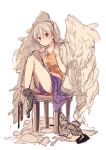  1girl bad_id bad_pixiv_id blush closed_mouth feathered_wings grey_hair hair_between_eyes ikeuchi_tanuma looking_at_viewer neon_genesis_evangelion neon_genesis_evangelion_gakuen_datenroku orange_shirt purple_skirt red_eyes shirt short_hair simple_background sitting skirt solo tabris-xx thighs twintails white_background wings wooden_stool 