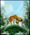  antennae artist_name beedrill commentary_request day from_below full_body highres no_humans outdoors pokemon pokemon_(creature) red_eyes sky soezy solo water_drop 