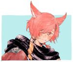  1boy animal_ears archon_mark black_scarf blue_background blush border cat_ears eyes_visible_through_hair facial_mark final_fantasy final_fantasy_xiv g&#039;raha_tia hair_ornament hair_over_one_eye hatching_(texture) itowo_(itowc) looking_at_viewer male_focus miqo&#039;te neck_tattoo outside_border portrait red_eyes redhead scarf short_hair simple_background slit_pupils smile solo swept_bangs tattoo white_border x_hair_ornament 