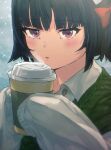  1girl black_hair blush bow collared_shirt cup disposable_cup green_sweater_vest hair_bow highres holding holding_cup i-coat ishigaki_(kancolle) kantai_collection long_sleeves looking_at_viewer parted_lips shirt short_hair sleeves_past_fingers sleeves_past_wrists snowing solo steam sweater_vest upper_body violet_eyes white_shirt 