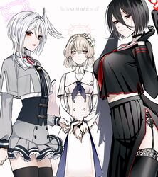  3girls alternate_hair_length alternate_hairstyle black_choker black_gloves black_hair black_serafuku black_skirt black_thighhighs black_wings blue_archive breasts choker closed_mouth commentary crop_top dress english_text feathered_wings flower garter_belt gloves hair_between_eyes hair_flower hair_ornament halo hasumi_(blue_archive) head_wings highres large_breasts light_brown_hair long_sleeves looking_at_viewer low_wings medium_breasts mole mole_under_eye multiple_girls nagisa_(blue_archive) neckerchief open_mouth pasta_bar415 pink_flower pleated_skirt red_eyes sailor_collar school_uniform serafuku short_hair simple_background single_head_wing skirt suzumi_(blue_archive) symbol-only_commentary thigh-highs white_background white_flower white_sailor_collar white_wings wings 