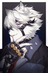  1boy animal_ears black_gloves fingerless_gloves furry gloves highres licking licking_finger looking_at_viewer male_focus multicolored_hair one_eye_covered red_eyes rourouki spiked_headband tail tongue vest von_lycaon wolf_boy wolf_ears zenless_zone_zero 