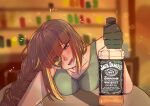  absurdres bad_source black_gloves blush bottle braid brown_eyes brown_hair eyepatch full-face_blush girls_frontline gloves green_shirt highres jack_daniel&#039;s long_hair looking_at_viewer m16a1_(girls&#039;_frontline) mole mole_under_eye open_mouth shirt solo source_request table tank_top wine_bottle 