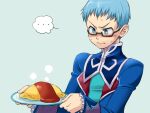  ... 1boy blue_hair blush food frilled_sleeves frills frown glasses hmisao holding holding_food holding_plate hubert_ozwell long_hair looking_down male_focus nose_blush notice omelet omurice plate short_bangs short_hair solo spoken_ellipsis sweat tales_of_(series) tales_of_graces v-shaped_eyebrows very_long_hair 