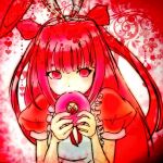 1girl beatmania doughnut food long_hair red_background red_dress red_eyes red_hair red_hair red_skirt umegiri_ameto