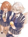  2girls ahoge bag black_choker black_jacket black_necktie black_thighhighs blazer choker closed_eyes collared_shirt eating fate/grand_order fate_(series) food from_above fujimaru_ritsuka_(female) grey_skirt grey_sweater hair_ornament hair_scrunchie highres holding holding_food holding_ice_cream holding_ice_cream_cone holding_spoon huwamo9_8ku ice_cream ice_cream_cone jacket jeanne_d&#039;arc_alter_(fate) loafers long_sleeves medium_hair multiple_girls necktie official_alternate_costume one_side_up open_clothes open_jacket orange_hair pleated_skirt school_bag school_uniform scrunchie shadow shirt shoes short_hair skirt socks soft_serve spoon sweater thigh-highs v-neck waffle_cone white_hair white_shirt white_socks yellow_eyes yellow_scrunchie 
