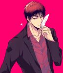  1boy black_coat coat collared_shirt feathers heart holding holding_feather kagami_taiga kuroko_no_basuke male_focus open_mouth pink_background red_eyes red_shirt redhead shirt simple_background solo thick_eyebrows upper_body v-shaped_eyebrows wolfsea 