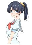  1girl blue_eyes blue_hair blush closed_mouth commentary dark_blue_hair djpwjd1 dress from_side hair_ornament hair_scrunchie hasu_no_sora_school_uniform high_ponytail highres link!_like!_love_live! looking_at_viewer looking_to_the_side love_live! medium_hair murano_sayaka neckerchief red_neckerchief sailor_collar sailor_dress school_uniform scrunchie short_sleeves simple_background smile solo summer_uniform virtual_youtuber white_background white_dress white_sailor_collar yellow_scrunchie 