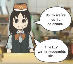  1girl azumanga_daioh black_eyes black_hair black_vest blue_shirt bow bowtie denkirk employee_uniform english_text hat kasuga_ayumu mcdonald&#039;s open_mouth photo_background red_bow red_bowtie shirt solo speech_bubble striped_clothes striped_vest sweatdrop uniform upper_body vest 