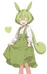  1girl :d absurdres animal_ears blush closed_eyes collared_shirt dot_nose dress facing_viewer feet_out_of_frame green_dress green_hair heart highres legs_apart long_hair long_sleeves low-tied_long_hair open_mouth pinafore_dress pleated_dress rabbit_ears rabbit_girl shirt simple_background skirt_hold sleeveless sleeveless_dress smile solo voicevox white_background white_shirt zundamon zunmut 