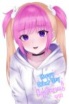  1girl absurdres artist_name black_choker blonde_hair character_name choker collarbone commentary dated drawstring english_commentary english_text hair_ornament heart highres hood hood_down hoodie indie_virtual_youtuber kyoresu light_blush long_hair looking_at_viewer meihera multicolored_hair parted_lips pill pink_hair pocket rabbit_hair_ornament sidelocks signature simple_background solo sparkle teeth twintails two-tone_hair upper_body upper_teeth_only violet_eyes virtual_youtuber white_background white_hood white_hoodie 