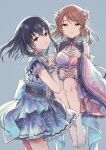  2girls bare_shoulders barefoot black_hair blue_background blue_bow blue_choker blue_dress bow breasts brown_hair choker closed_mouth detached_sleeves dot_nose dress earrings floating_hair flower frilled_dress frills fujiwara_hajime full_body furorida hair_between_eyes hair_flower hair_ornament hand_on_own_chest hands_on_own_chest highres hojo_karen idolmaster idolmaster_cinderella_girls idolmaster_cinderella_girls_starlight_stage japanese_clothes jewelry kimono layered_dress long_hair long_sleeves looking_at_viewer medium_breasts multicolored_clothes multicolored_kimono multiple_girls parted_lips purple_flower red_eyes short_sleeves simple_background sleeveless sleeveless_kimono smile waist_bow wide_sleeves yellow_eyes 