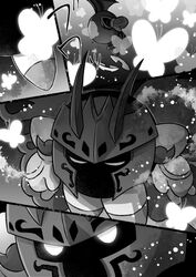 1boy butterfly butterfly_wings comic footwear gloves greyscale hakushinanashi insect_wings kirby_(series) male_focus mask meta_knight morpho_knight morpho_knight_(butterfly) shoulder_armor wings 