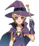  1girl blonde_hair commentary_request gkdus0201 gloves hat highres holding holding_wand light_smile looking_at_viewer purple_gloves purple_hat short_hair simple_background solo sugar_sugar_rune upper_body vanilla_mieux violet_eyes wand white_background witch_hat 