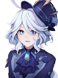  1girl ahoge blue_bow blue_eyes blue_gemstone blue_hat bow chest_jewel commentary curly_hair eyes_visible_through_hair facing_viewer furina_(genshin_impact) gem genshin_impact hat heterochromia highres kodona light_blush lolita_fashion long_eyelashes looking_at_viewer open_mouth simple_background solo symbol-shaped_pupils top_hat upper_body white_background white_hair zhu_li 