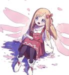  1girl :d alternate_costume black_thighhighs blonde_hair blue_eyes cherry_blossoms commentary_request fairy fairy_wings flower-shaped_pupils flower_wings hair_ribbon light_blush lily_white long_hair looking_up nama_udon overalls red_overalls red_ribbon ribbon sitting smile sweater symbol-shaped_pupils thigh-highs touhou turtleneck turtleneck_sweater white_background white_footwear white_sweater wings 