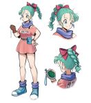  1girl blue_eyes blue_footwear blue_hair bow braid braided_ponytail brown_gloves bulma closed_mouth dragon_ball dragon_ball_(classic) dragon_radar dress english_commentary full_body gloves hair_bow hand_on_own_hip highres mr.thunderigor multiple_views pink_dress purple_scarf red_bow scarf shoes single_glove smile white_background 