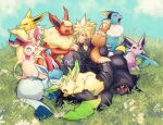  1boy :d armor belt blonde_hair blue_eyes closed_mouth cloud_strife eevee espeon evolutionary_line final_fantasy final_fantasy_vii final_fantasy_vii_advent_children flareon fluffy forked_tail glaceon grass highres holding holding_pokemon jolteon leafeon male_focus multiple_belts on_shoulder open_mouth outdoors pants petting pokemon pokemon_(creature) pokemon_on_shoulder prehensile_ribbon rukashio shirt shoulder_armor single_shoulder_pad sitting smile spiky_hair sylveon tail umbreon vaporeon yawning 