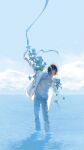  1boy black_hair blue_flower blue_pants blue_ribbon blue_sky blue_theme clouds collared_jacket flower full_body highres horizon in_water jacket male_focus ocean original pants ribbon rido_(ridograph) second-party_source shirt sky solo white_jacket white_shirt 