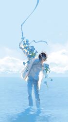  1boy black_hair blue_flower blue_pants blue_ribbon blue_sky blue_theme clouds collared_jacket flower full_body highres horizon in_water jacket male_focus ocean original pants ribbon rido_(ridograph) second-party_source shirt sky solo white_jacket white_shirt 
