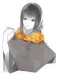 1girl arm_up bad_id bad_pixiv_id black_eyes black_hair brown_poncho character_request copyright_request enpera hand_up looking_at_viewer medium_hair open_mouth orange_scarf poncho scarf sentakki simple_background solo solo_focus upper_body white_background 