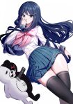  1girl black_thighhighs blue_eyes blue_hair blue_sailor_collar blue_skirt bow commentary_request danganronpa:_trigger_happy_havoc danganronpa_(series) hair_ornament hairclip hand_up highres long_hair long_sleeves looking_at_viewer maizono_sayaka monokuma pink_bow pleated_skirt ririko_(zhuoyandesailaer) sailor_collar school_uniform serafuku shirt simple_background skirt thigh-highs very_long_hair white_background white_shirt 