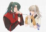  2boys archer_(fate/samurai_remnant) chinese_clothes fate/samurai_remnant fate_(series) green_hair grey_hair hair_ornament hanfu high_ponytail long_hair low-tied_sidelocks male_focus multicolored_hair multiple_boys orange_eyes pinus_00 ponytail robe shirt sidelocks streaked_hair tassel tassel_hair_ornament white_hair white_hanfu white_robe yellow_eyes zheng_chenggong_(fate) 
