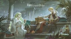  2boys abs androgynous apple architecture barefoot bitten_apple black_pants blonde_hair blue_butterfly book bug butterfly clouds commentary copyright_name cropped_jacket cup cushion earrings english_commentary enkidu_(fate) fate/grand_order fate_(series) flower_pot food food_bite fruit full_body gauntlets gilgamesh_(caster)_(fate) gilgamesh_(fate) grapes green_hair holding holding_book holding_cup holding_food holding_fruit hood hood_down hooded_robe jacket jewelry jug_(bottle) knee_up long_hair male_focus mesoamerican_architecture multiple_boys night night_sky obelisk open_clothes open_jacket palm_leaf palm_tree pants pectorals plate red_eyes robe rug saintluthien single_gauntlet sitting sky sleeveless sleeveless_jacket straight_hair tapestry title toned toned_male tree veil very_long_hair white_robe 