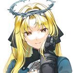  1girl 1other armored_gloves bianca:_stigmata_(exorcist)_(punishing:_gray_raven) bianca_(punishing:_gray_raven) black_gloves blonde_hair blue_shirt brown_eyes commandant_(punishing:_gray_raven) commentary_request curtained_hair facial_mark forehead gloves hair_intakes hairband halo hand_on_another&#039;s_cheek hand_on_another&#039;s_face hand_on_another&#039;s_wrist highres korean_commentary looking_at_viewer mole mole_under_eye myam_(123ab456c) official_alternate_costume parted_bangs pov pov_hands punishing:_gray_raven shirt simple_background smile solo_focus spiked_halo straight-on upper_body white_background white_hairband 
