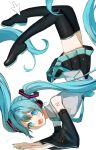  1girl 2funma2 annoyed aqua_eyes aqua_hair aqua_nails aqua_necktie black_sleeves boots cursor detached_sleeves eyebrows_hidden_by_hair grey_shirt hatsune_miku highres long_hair necktie number_tattoo open_mouth shirt solo tattoo thigh_boots twintails upside-down very_long_hair vocaloid white_background 