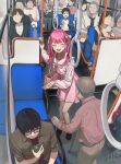  6+boys 6+girls absurdres bag blush bow bowtie bus_interior closed_eyes commentary_request highres hinamizawa_hinami_(tetto) long_hair long_sleeves multiple_boys multiple_girls open_mouth original people pink_bag pink_bow pink_bowtie pink_hair pink_shirt pink_skirt shirt shoulder_bag skirt tetto_(onnoveltet) two_side_up 