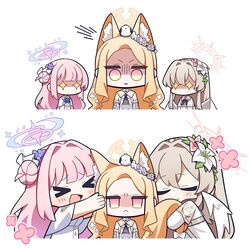  &gt;_&lt; +_+ 3girls angel_wings animal animal_ear_fluff animal_ears animal_on_head bird bird_on_head blonde_hair blue_archive blush breasts capelet closed_eyes closed_mouth dress feathered_wings flower fox_ears hair_bun hair_flower hair_ornament halo highres light_brown_hair long_hair medium_breasts mika_(blue_archive) multiple_girls nagisa_(blue_archive) on_head open_mouth pink_flower pink_hair pink_halo purple_flower seia_(blue_archive) shaded_face simple_background single_side_bun small_breasts smile tea_party_(blue_archive) white_background white_bird white_capelet white_dress white_flower white_wings wings ycha_y14 yellow_eyes yellow_halo 