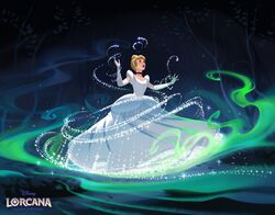  1girl absurdres black_choker blonde_hair blue_eyes choker cinderella cinderella_(disney) copyright_name disney_lorcana dress elbow_gloves english_text gloves highres ladyshalirin logo long_dress magic official_art red_lips signature updo white_dress white_gloves 