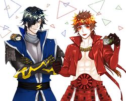  2boys :d abs armor black_hair brown_hair character_doll cowboy_shot cropped_jacket date_masamune_(sengoku_basara) eyepatch grin headband highres jacket japanese_armor jewelry katakura_kojuurou_(sengoku_basara) long_hair male_focus multiple_boys necklace ponytail red_headband red_jacket sanada_yukimura_(sengoku_basara) sawa12sss sengoku_basara short_hair simple_background smile stuffed_toy teeth toned toned_male topless_male triangle upper_teeth_only white_background 