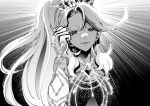  1girl anchiki_shou archived_source backlighting bad_id bad_twitter_id closed_mouth dress gem greyscale hand_up highres jennifer_sumire_sol long_hair looking_at_viewer monochrome multicolored_hair pretty_series smile solo streaked_hair tiara upper_body very_long_hair waccha_primagi! 