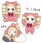  1girl :&lt; :o animal_costume bear_costume beatrice_(re:zero) blue_eyes blush bow bowtie chibi drill_hair multiple_views parted_bangs re:zero_kara_hajimeru_isekai_seikatsu red_bow red_bowtie s_(hdru2332) simple_background sleeping translation_request twin_drills twintails white_background 