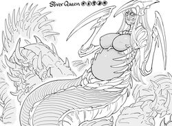  1girl absurdres arthropod_girl bb_(baalbuddy) breasts centipede_girl character_name claw_pose claws highres large_breasts long_tail magic:_the_gathering multiple_legs pregnant silver_queen solo tail uterus very_long_tail 
