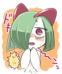 blush colored_skin green_hair hair_over_one_eye highres horns ino_(tellu0120) kirlia open_mouth orange_background own_hands_together pink_eyes pokemon pokemon_(creature) sidelocks simple_background surprised sweat white_skin wide-eyed
