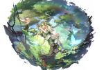  1girl arm_up bird blonde_hair day dress gloves green_dress green_eyes hair_ribbon highres long_hair official_art one_eye_closed open_mouth outdoors ribbon tree twintails verina_(wuthering_waves) white_gloves wuthering_waves 