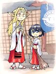  2girls black_hair blonde_hair blue_eyes broom edomae_elf eldali_ilma_fanomenel elf highres japanese_clothes koganei_koito long_hair long_skirt long_sleeves medium_hair miko multiple_girls pointy_ears sandals setz shide shrine skirt 