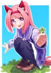  1girl absurdres animal_ears blue_background border bow brown_footwear clover commentary_request ear_bow ear_covers flower-shaped_pupils four-leaf_clover freely2327 grass haru_urara_(umamusume) highres holding horse_ears horse_girl horse_tail loafers long_sleeves medium_hair open_mouth outside_border pantyhose pink_eyes pink_hair pleated_skirt ponytail purple_serafuku purple_shirt purple_skirt purple_thighhighs sailor_collar school_uniform serafuku shirt shoes skirt smile solo squatting symbol-shaped_pupils tail teeth thigh-highs tracen_school_uniform umamusume upper_teeth_only white_border white_bow winter_uniform 