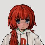  1girl :3 absurdres blush borrowed_character commentary grey_eyes hair_tie highres hood hood_down hoodie logo_parody long_hair looking_at_viewer low_twintails orange_hair original playstation_logo smile solo twintails upper_body zoolpal 