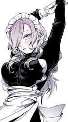  1girl absurdres arms_up blush commentary ear_piercing earrings eyebrows eyebrows_visible_through_hair eyelashes frills fufu_(fufuichi04) gloves gradient_hair hair_over_one_eye highres jewelry long_hair long_sleeves looking_at_viewer maid maid_headdress multicolored_hair original piercing purple_hair simple_background solo stretching symbol-only_commentary upper_body violet_eyes white_background white_gloves 