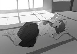  1girl barefoot commentary_request full_body greyscale hide12862152 highres lying medium_hair medium_skirt monochrome neckerchief on_back original pleated_skirt sailor_collar school_uniform serafuku skirt sliding_doors solo sunlight tatami video_crop 