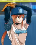  1girl arms_up baseball_cap baseball_mitt baseball_uniform blurry blurry_background breasts commentary_request depth_of_field hat highres long_hair medium_breasts mimiyama_kiichi orange_eyes orange_hair original pixiv_girls&#039;_pro_baseball ponytail smile solo sportswear upper_body 